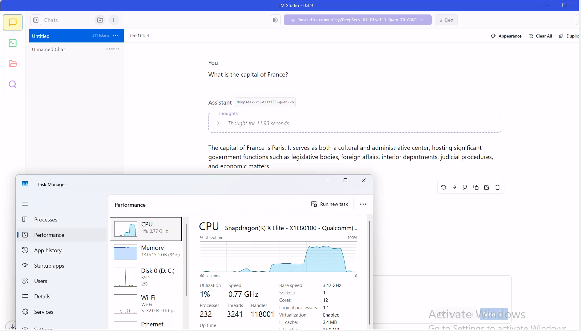 LM Studio, monitoring model performance on CPU in Windows Task Manager